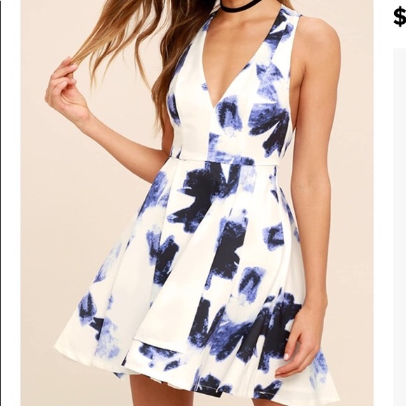 Lulu's Dresses & Skirts - Seeings Chic Blue and Ivory Print Skater Dress